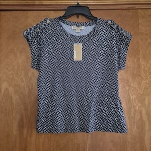 MICHAEL Michael Kors BLACK/WHITE GEOMETRIC PRINT EPAULETTE SHORT SLEEVE Top